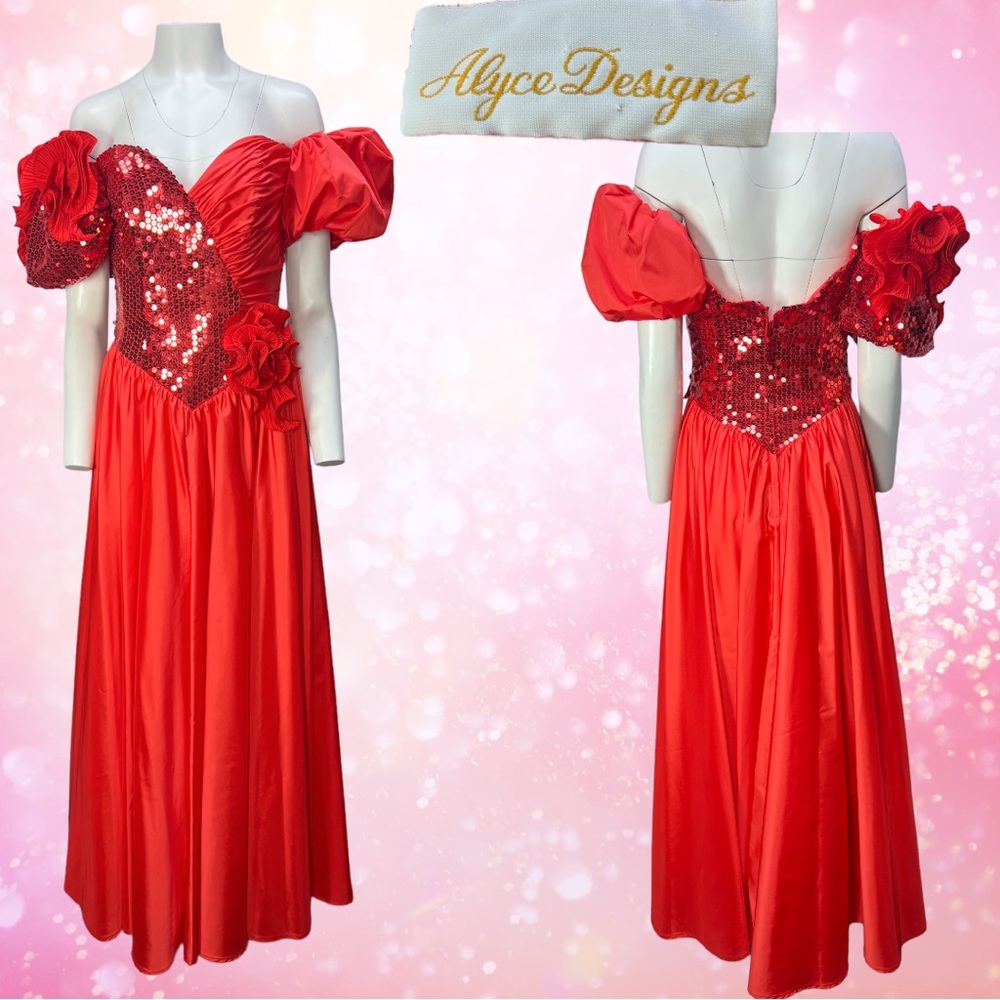 VTG 80’s Red On/Off Shoulder Puff Sleeve Alyce Designs Gown Vtg 12, Fits Size 6